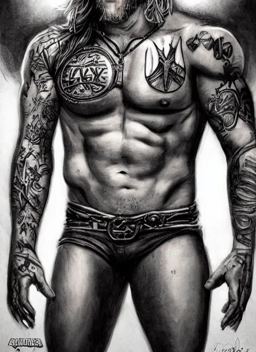 Prompt: photorealistic Portrait of frontal standing pose torso of a very attractive muscular man that looks like Jax Teller, heavily tattoed. All his skin is covered by elvish symbols and letters. Intricate, concept art, magic lighting overlays, magical portal opened, D&D!, fantasy style, sharp focus!, ultra detailed, art by Artgerm and Peter Andrew Jones, WLUP, Magali Villeneuve