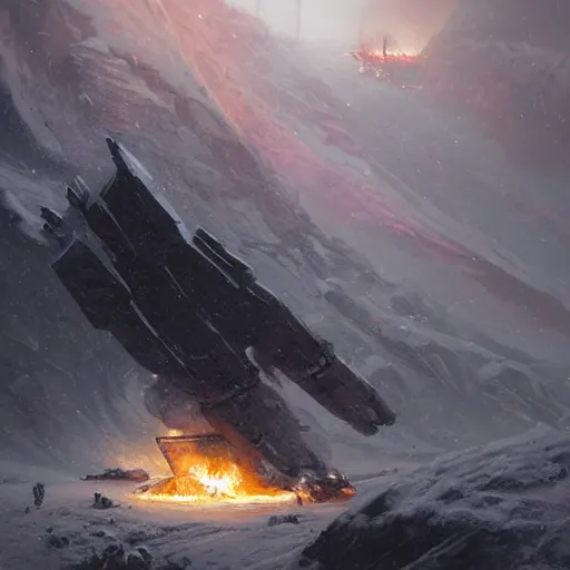 Image similar to a crashed starship burning in a blizzardy mountain scenery, Matte painting , detailed painting, greg rutkowski