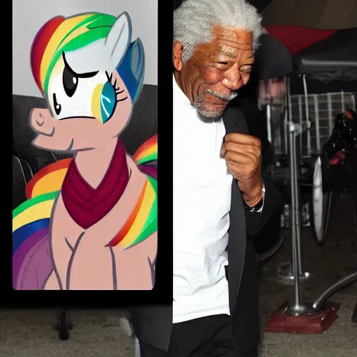 Image similar to morgan freeman punching a my little pony character