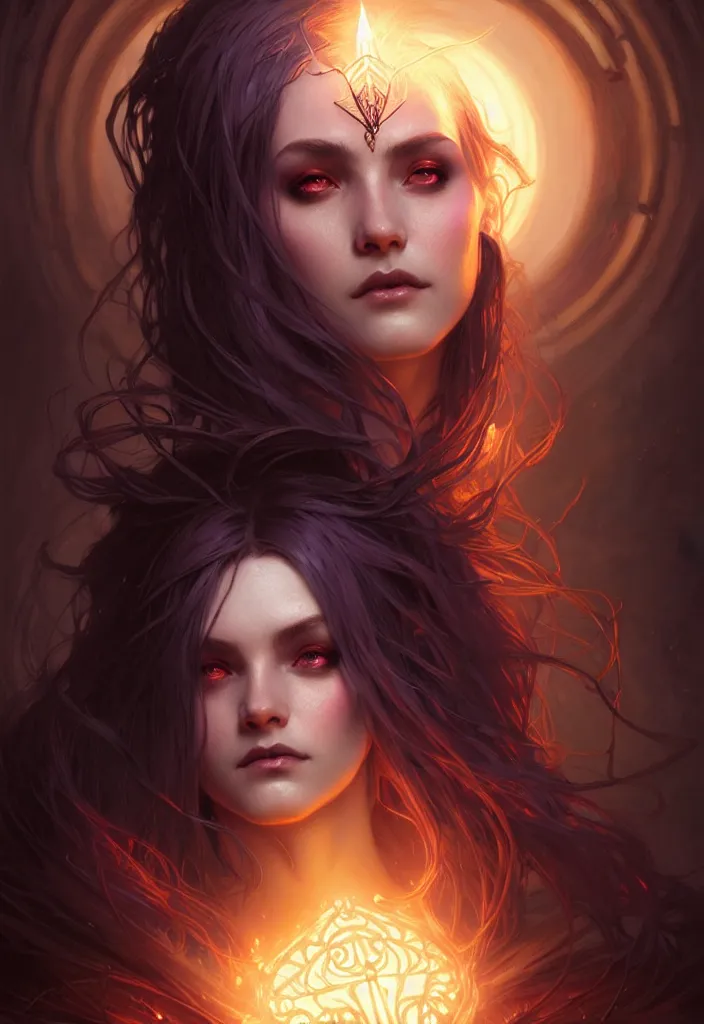 Image similar to Necromancer Sorceress face in center, fantasy magic, undercut hairstyle, dark light night, intricate, elegant, sharp focus, illustration, highly detailed, digital painting, concept art, matte, art by WLOP and Artgerm and Greg Rutkowski and Alphonse Mucha, masterpiece