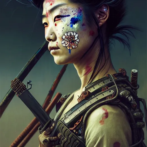 Image similar to portrait painting of a post - apocalyptic japanese lady with warpaint on her face wearing rusty samurai armor, ultra realistic, concept art, intricate details, eerie, highly detailed, photorealistic, octane render, 8 k, unreal engine. art by artgerm and greg rutkowski and charlie bowater and magali villeneuve and alphonse mucha