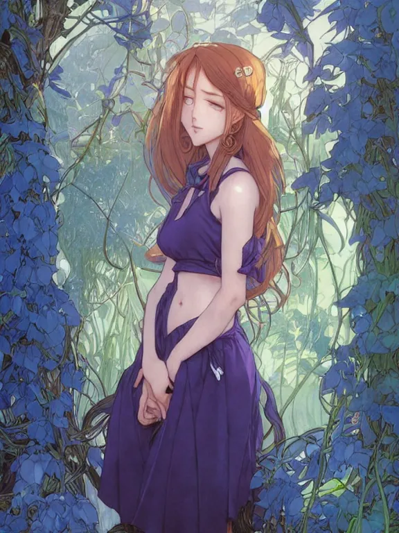 Image similar to full body picture of a blueberry neighborhood girl looking at the camera, cynical, bored, beautiful and aesthetic, intricate, unreal engine, messy hair, highly detailed, detailed face, smooth, sharp focus, chiaroscuro, manga illustration, artgerm, greg rutkowski, alphonse mucha, young adult light novel cover art