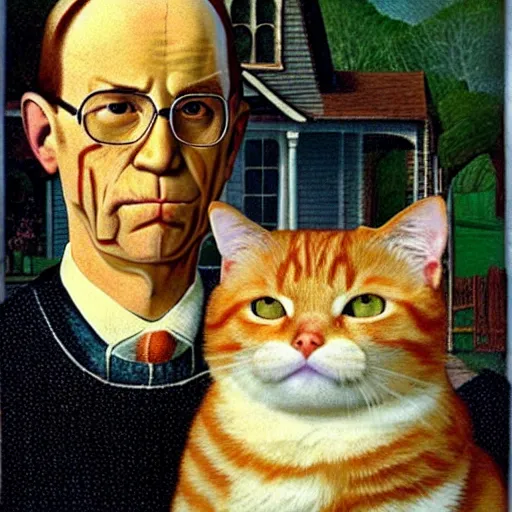 Prompt: fat orange tabby cat next to jon from garfield, american gothic by grant wood