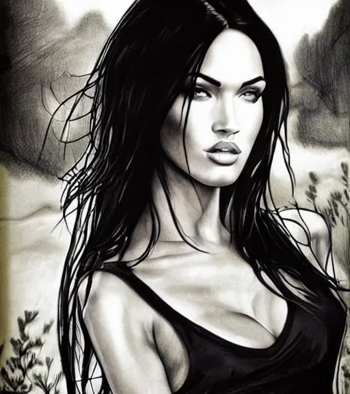 Prompt: tattoo design sketch of megan fox portrait against a background of the most beautiful nature, hyper - realistic, in the style of den yakovlev, amazing detail, black and white