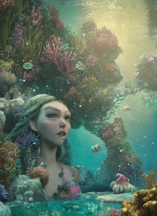 Prompt: underwater disney pricess, hyper detailed, digital art, cinematic lighting, studio quality, smooth render, unreal engine 5, octane rendered, art style by klimt and nixeu and ian sprigger and wlop and krenz cushart.