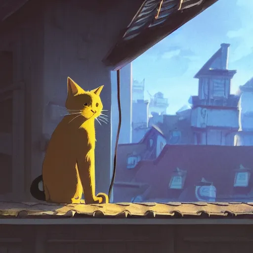 Prompt: a wholesome animation key shot of a black cat looing at the buildings and seated on top of a roof with tiles, medium shot, studio ghibli, pixar and disney animation, sharp, rendered in unreal engine 5, anime key art by greg rutkowski, bloom, dramatic lighting, golden hour, very warm colors