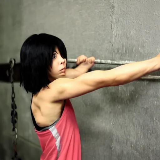 Prompt: mikasa ackerman doing pullups, sweating, sharp eyes