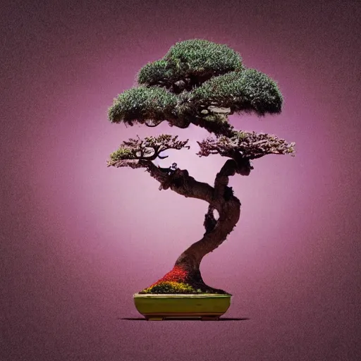 Image similar to A picture of a planet of various flowers, fungus and plants, Bonsai , in which the human figure is dressed in something magical and impressive, inside the picture is infinity, muted light, BotanicalAtmospheric phenomenon, artistic photography, muted colors, conceptual, Kodachrome