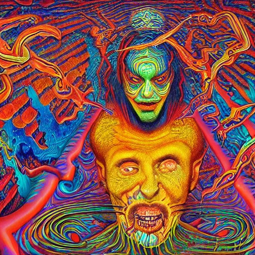 Image similar to Psychedelic DMT experience with inter-dimensional beings and insane trippy visuals in the style of an album cover by Howard Finster, Michael Cheval (highly detailed, 8k, UHD, fantasy, dream, otherworldly, bizzare, spirals, colourful, vivid)