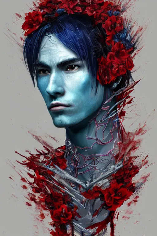 Image similar to portrait of beautiful young man, warhammer, japanic style, cyberpunk, a lot of scars, more and more flowers, blue head, some red water, the middle ages, highly detailed, artstation, illustration, artgerm sylvari portrait, 8 k quality, art by max ernst