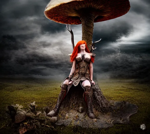 Image similar to a photo of an armored woman warrior redhead with antlers sitting on a giant mushroom that covers a whole village and reaches above the clouds by luis royo. intricate. lifelike. soft light. sony a 7 r iv 5 5 mm. cinematic post - processing