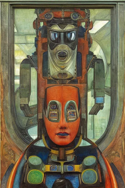 Prompt: the queen in her robot mask stands by the window, by Annie Swynnerton and Diego Rivera and Elihu Vedder, symbolist, dramatic lighting, elaborate geometric ornament, Art Brut, soft blues and greens,smooth, sharp focus, extremely detailed, Adolf Wölfli and Evelyn De Morgan