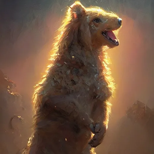 Prompt: goldendoodle worships squirrel goddes, oil painting, Tooth Wu, Greg Rutkowski, RPG portrait, dynamic lighting, fantasy art, High contrast, depth of field