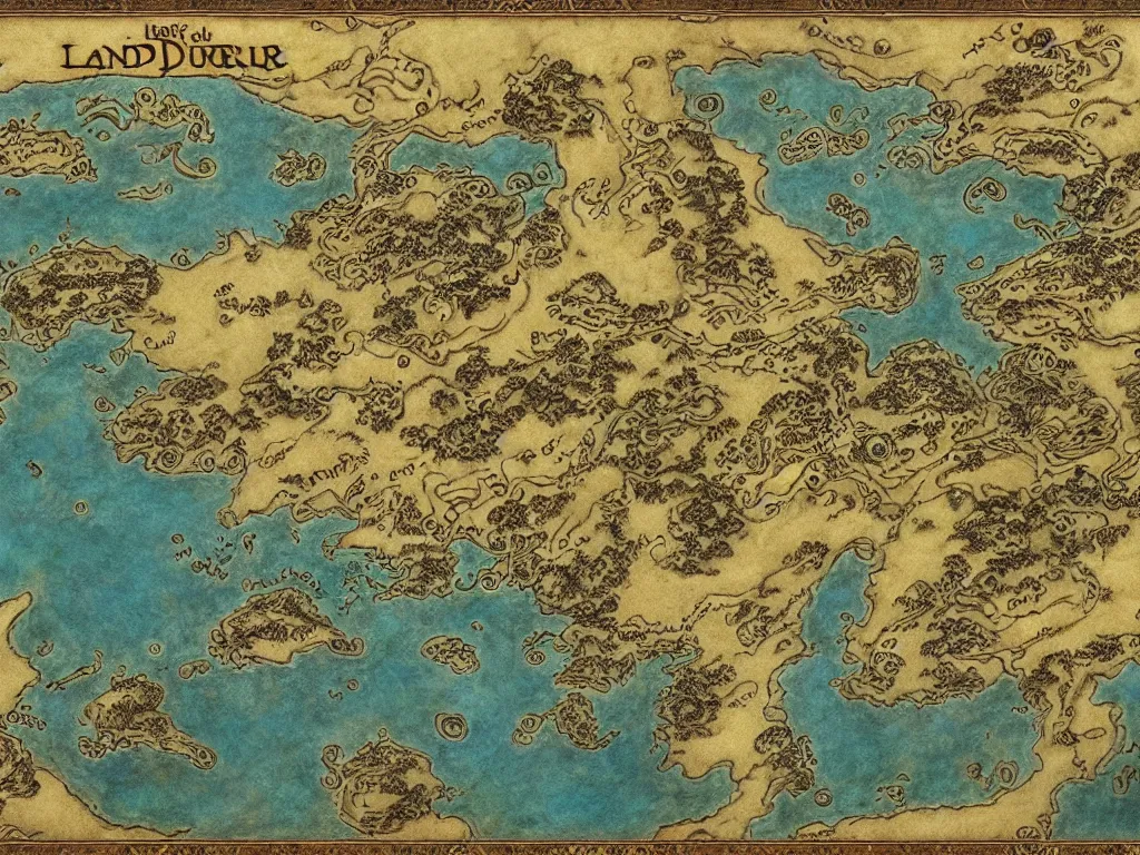 Image similar to simple fantasy map, the land of Odrua, several continents, world of Lute, by JRR Tolkien and Brian Froud, Vatican Map Room, fantasy concept painting, Magic The Gathering Art, trending on art station, showing kingdoms, oceans, continents, vast seas, open plains, baroque frame border