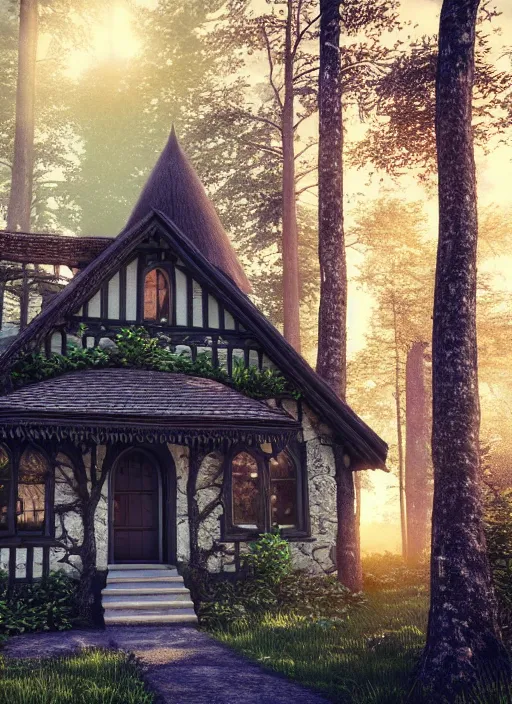 Image similar to hyper realistic homely ornate witch cottage architectural, in the woods gorgeous lighting, blue sky, highly detailed, lush forest architectural render, octane render, ue 5 raytraced