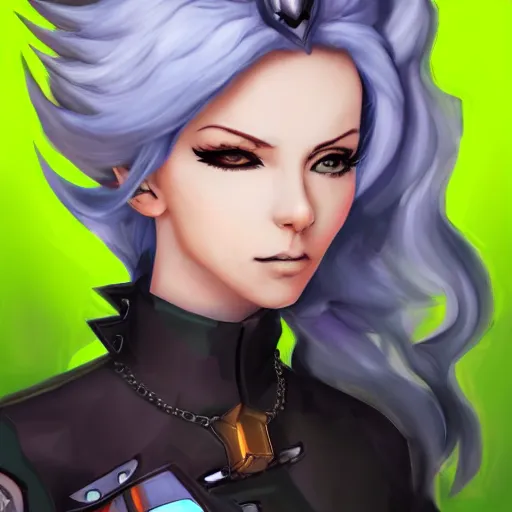 Image similar to digital painting of mercy overwatch, full body, wearing spiked collar and punk outfit, detailed face, detailed eyes,