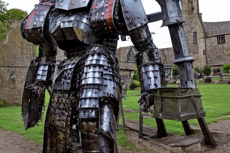 Prompt: a giant mech made out of medieval knights armor and parts standing in an old english village