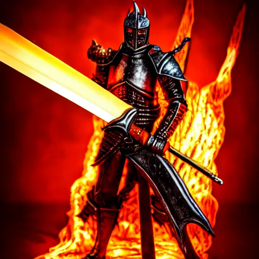 Image similar to photo of a hell knight with a flaming sword, highly detailed, 4k, HDR,