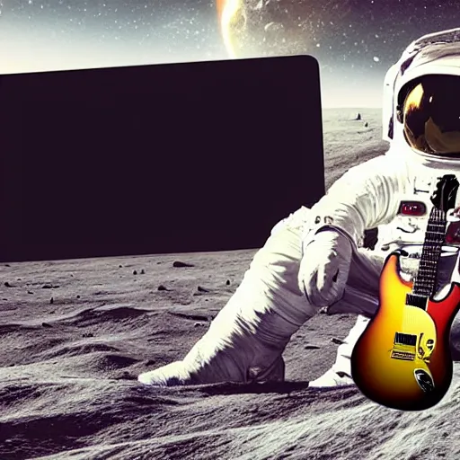 Image similar to photo of a detailed, realistic, regular sized, sitting idle fender electric guitar next to a sitting idle beer can and an astronaut sitting down on the moon surface. detailed photo. realistic photo. cinematic. cinematic shot