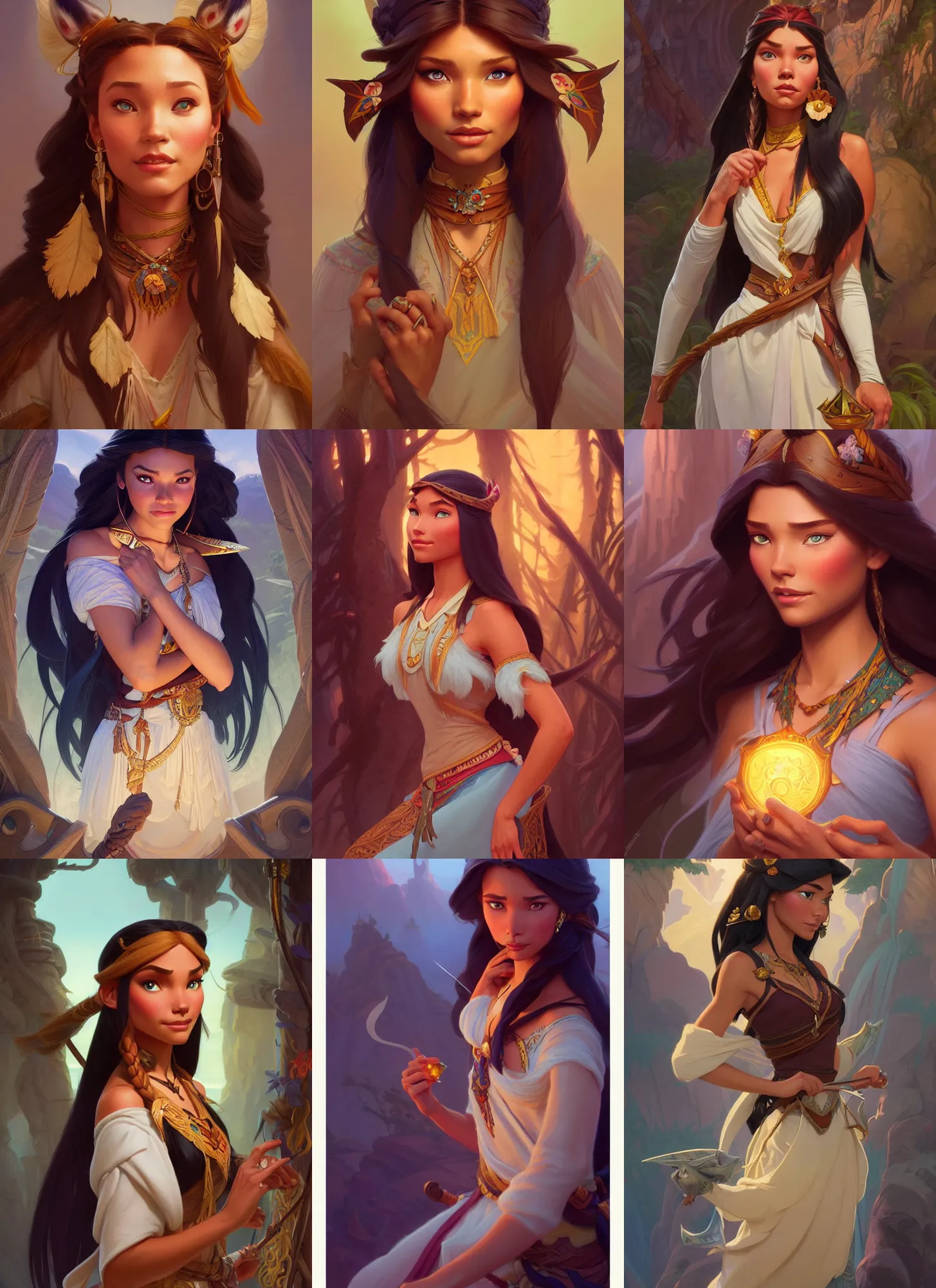 Prompt: characters from disney's pocahontas, d & d, fantasy, intricate, elegant, highly detailed, digital painting, artstation, concept art, matte, sharp focus, illustration, hearthstone, art by artgerm and greg rutkowski and alphonse mucha