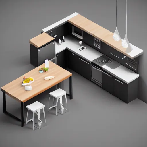 Image similar to isometric minimalistic chubby kitchen, c 4 d style, 1 0 0 mm, depth of field, octane render, studio lighting