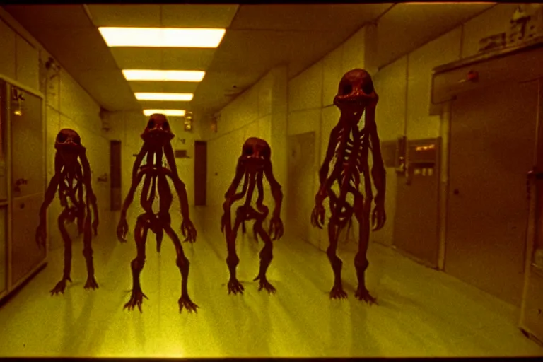 Image similar to a scary filmic wide shot color ground level angle movie still 35mm film photograph of the full body of a dangerous shape shifting alien creature, with multiple mutated snarling drooling human faces with a grotesque variety of human and animal limbs protruding from its lower torso inside of a 1970s science lab, neon lights, dirty, ektachrome photograph, volumetric lighting, f8 aperture, cinematic Eastman 5384 film