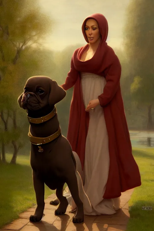 Prompt: Pete Davidson As A Midget Dog Being Walked By Kim Kardashian As An Old Lady illustration, soft lighting, soft details, painting oil on canvas by Edmund Blair Leighton and Charlie Bowater octane render, HDR, trending on artstation, 4k, 8k, HD