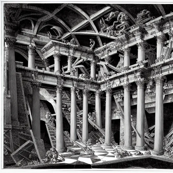 Image similar to piranesi's chamber, by piranesi and mc escher, intricate details, hd