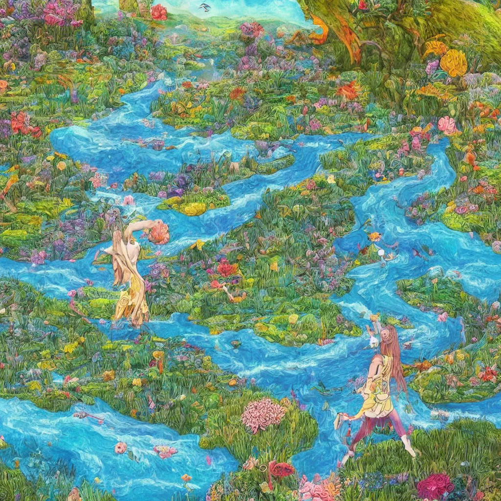 Image similar to surrealist painting with a river running through the middle going off into the infinite distance with a girl throwing rocks into the river with whimsical trees and flowers and scenery, 8 k, trending on artstation, illustration, mixed collage media, hyper detailed, simple lines, warm epic colors