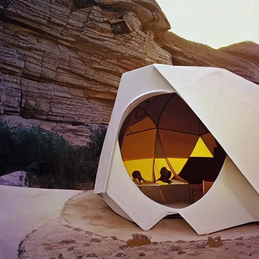 Prompt: futuristic geodesic pod dwelling by buckminster fuller and syd mead, contemporary architecture, photo journalism, photography, cinematic, national geographic photoshoot