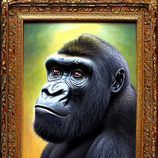 Prompt: portrait of a gorilla woman ( 3 5 ) from tanzania, 5 0 0, 0 0 0 bce, an oil painting by ross tran and thomas kincade