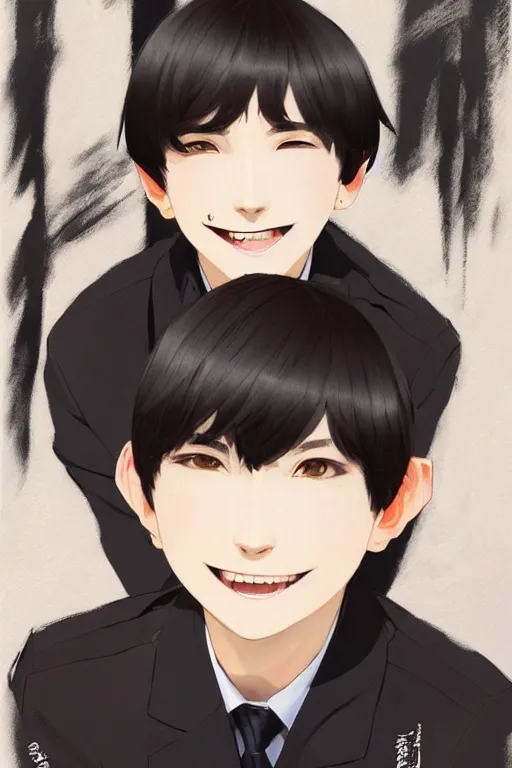 Image similar to a headshot of a very happy yoongi gummy smile - short black hair wearing male school uniform, sharp focus, illustration, morandi color scheme, art station, high detailed, by ilya kuvshinov