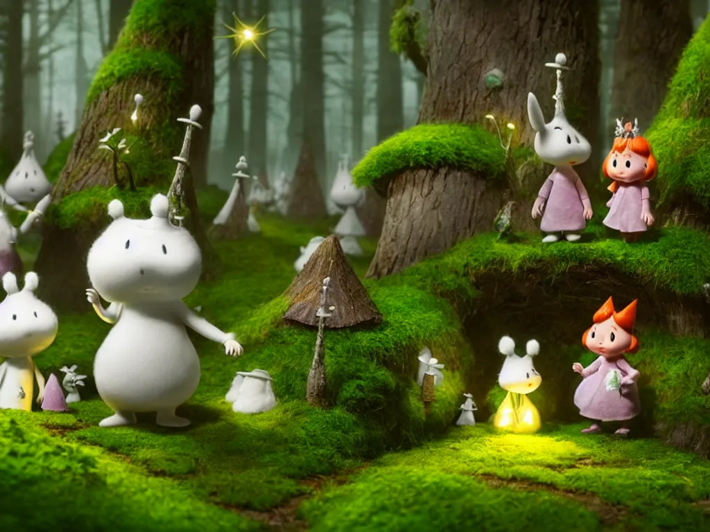 Image similar to the moomins wearing fluffy knight armor discovering the enchanted forest full of magic trees, mushrooms and moss and tiny fairies glowing in the dark, photorealistic painting, cgi, low volumetric light, movie still, very cute and cozy and fluffy and sweet