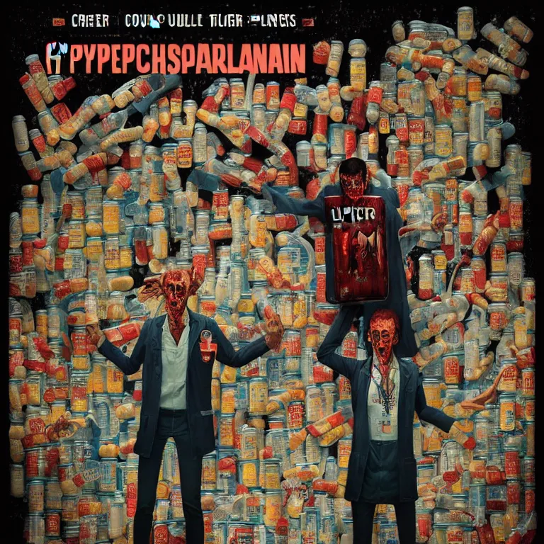 Image similar to hyperdetailed poster painting in a color style of 70's black poster art of an a crazy pharmacist zombie holding a giant jar of pills, epic scale ultrawide angle, 3D rendered, Vray rendered, octane render, unreal engine