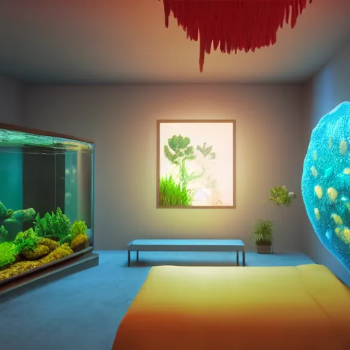 Image similar to photo of the modern room as aquarium with a big jellyfish and corals, realistic colors, realistic shadows, daylight made in blender, 3 d by beeple and damian hirst