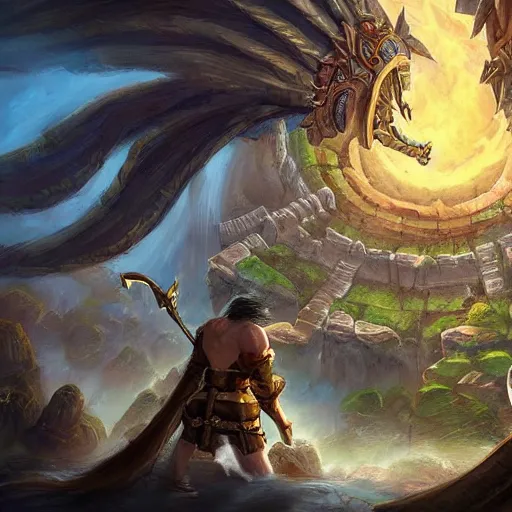 Image similar to a pantheon on a flying island, masterpiece, in hearthstone art style, epic fantasy style art, fantasy epic digital art, epic fantasy card game art