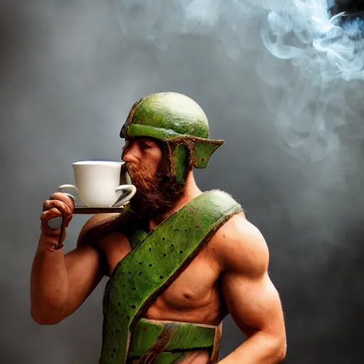 Image similar to spartan drinking tea with trichocereus background and smoke haze, photo