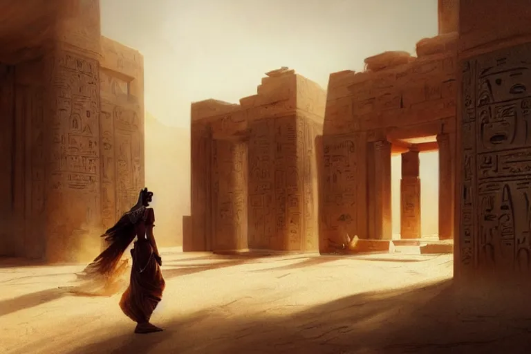 Image similar to a fantasy concept artwork depicting magnificent egyptian temple in the desert and the sandstorm is approaching by anders zorn, craig mullins and greg rutkowski, beautiful cinematic light