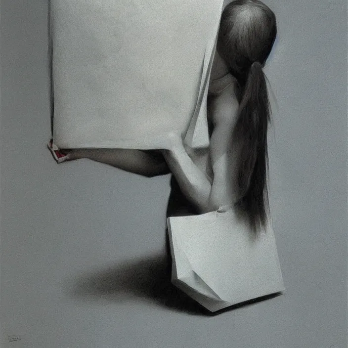 Image similar to woman pushing face through paper bag, artstation, art by, , edward hopper, Zdzislaw Beksinski, highly detailed