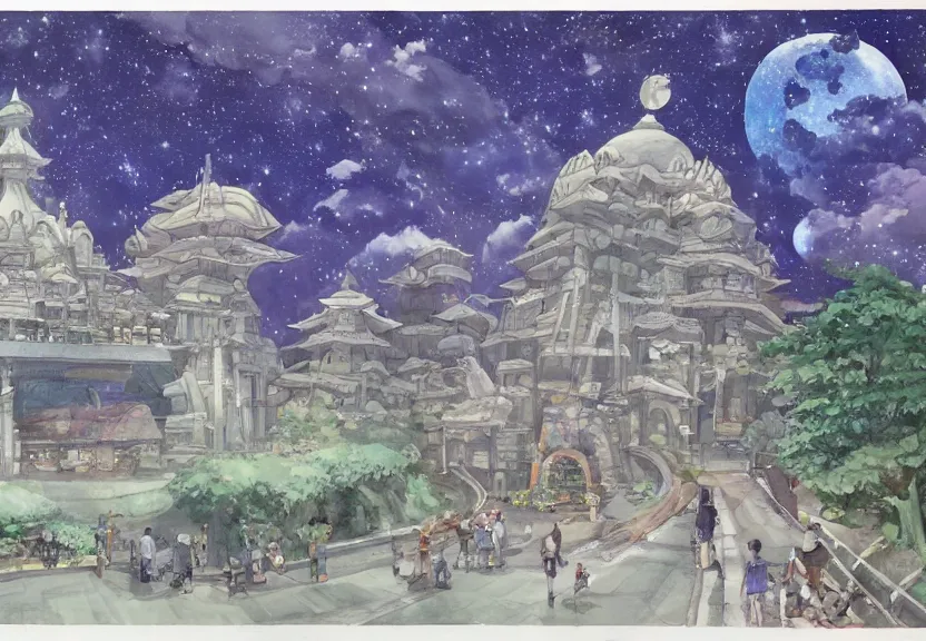 Prompt: a hyperrealist watercolor concept art from a studio ghibli film showing one giant grey aliens. a temple is under construction in the background in india on a misty and starry night. by studio ghibli. very dull muted colors