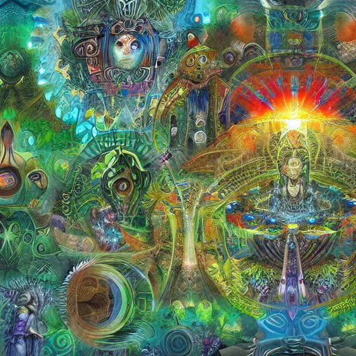 Image similar to techno earth plaza with a divine jungle of deities and peoples living together in harmony created by android jones, vector painted by pablo amaringo