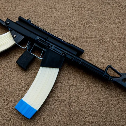 Image similar to a working ak - 4 7, 3 d printed using black and blue filament. 8 5 mm lens, f 1. 8.