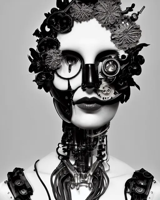 Image similar to black and white dreamy foggy profile face portrait, one steampunk cat eye biomechanical beautiful young female cyclope - cyborg - robot bust, body ribs meshes,, volumetric light, hibiscus flowers, by hg giger, rim light, by dora maar and cecile beaton, big gothic fashion pearl embroidered collar, 8 k
