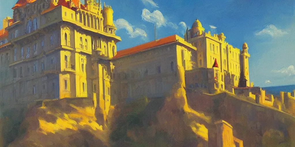 Image similar to street art. paralyzed by the indescribable beauty of the cosmos. amazing view of the palacio da pena. art style by edward hopper daring, incredible