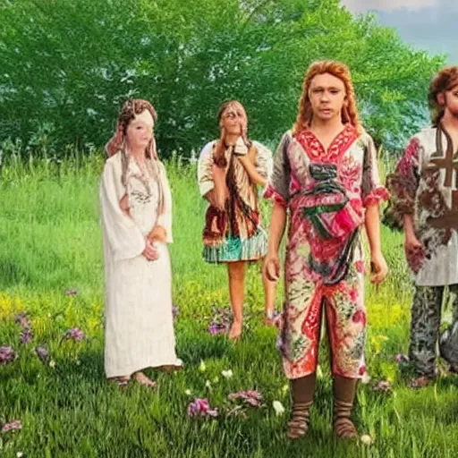 Prompt: a still from the movie midsommar crossover with the game okami