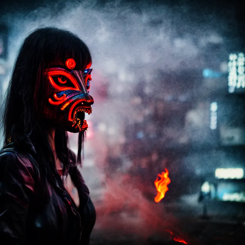 Image similar to a photo close up cyberpunk woman, wearing demon mask, fire dance in cyberpunk dirty alley, smoke mist rain, cyberpunk gunma prefecture, midnight, photorealistic, cinematic color, studio lighting, highly detailed, bokeh, style by tomino - sama