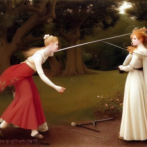 Image similar to Painting of Elle Fanning fencing, long blonde hair, delicate, pale milky white porcelain skin, by Edmund Leighton. 8K. Extremely detailed.