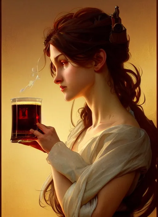 Image similar to a wooden tankard of ale digital painting, artstation, concept art, smooth, sharp focus, illustration, art by artgerm and greg rutkowski and alphonse mucha