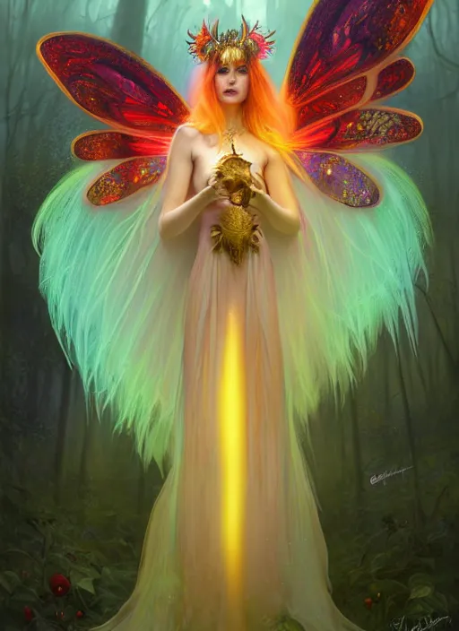 Image similar to stunningly beautiful female faerie priestess in amanita muscaria forest landscape, symmetrical wings on back, neon hair, fantasy art, wearing a dress of gossamer gold, inner glow, dark light night, face by otto schmidt, sharp focus, digital painting, 4 k, concept art, art by greg rutkowski and alphonse mucha, brom,