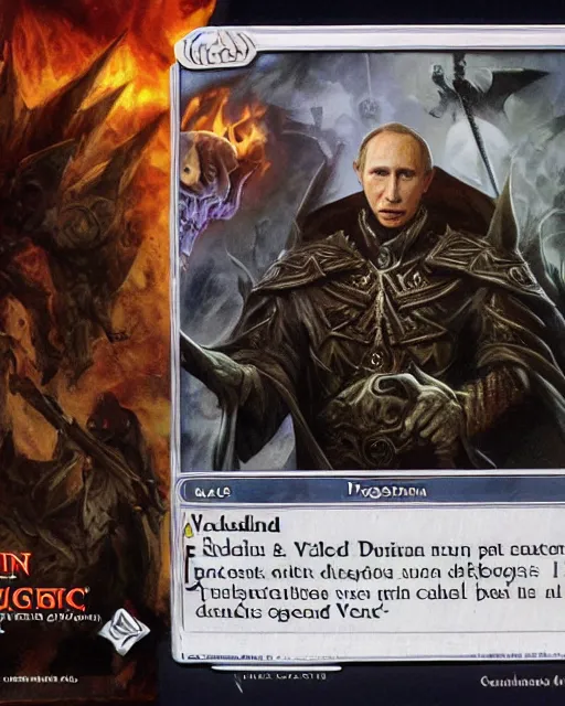 Image similar to Vladimir Putin, dressed as an evil Dungeon and Dragons wizard, on a Magic the Gathering card, high resolution photo,